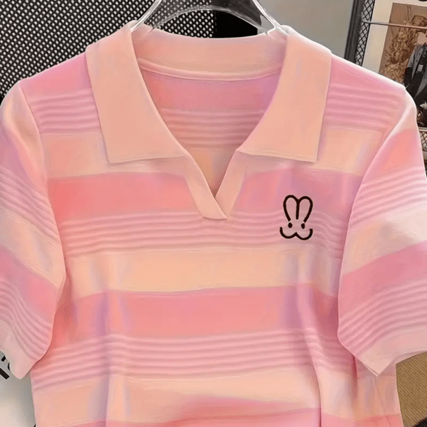 Women'S Elegant Striped Embroidered Polo Shirt