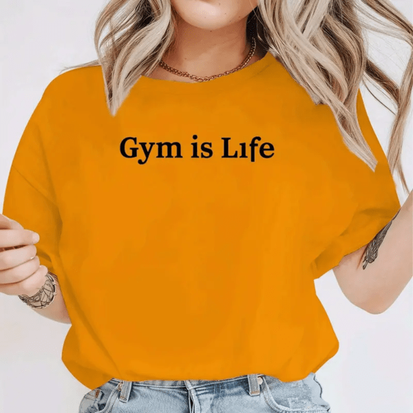 A Short-Sleeved T-Shirt for Women Featuring a Trendy Gym Theme