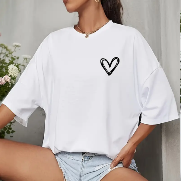 Women's Casual Loose-Fit Drop Shoulder T-Shirt with Heart Print - White