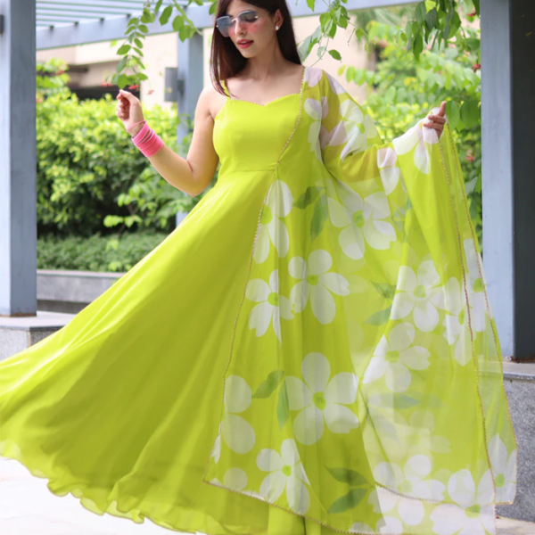 🌟 Vibrant Neon Floral Print Anarkali Gown | Soft Georgette Elegance for Show-Stopping Moments 🌟