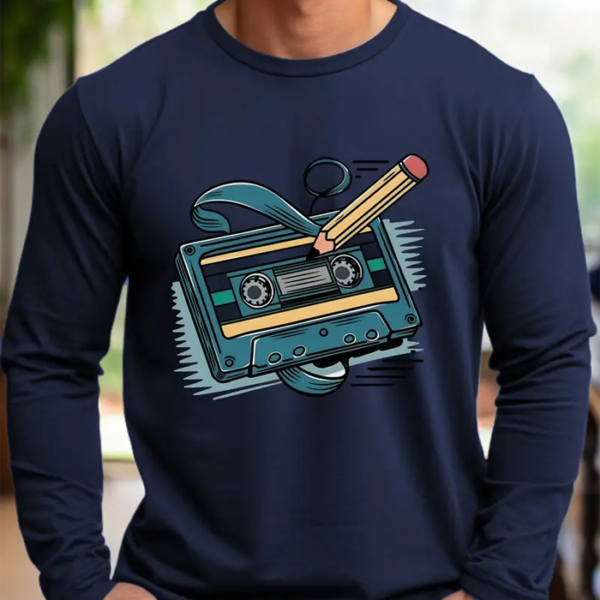 🎵🍂 Men's Audio Tape Print Long Sleeve Tee: Retro Vibes, Fall-Ready Comfort! 🍂👕