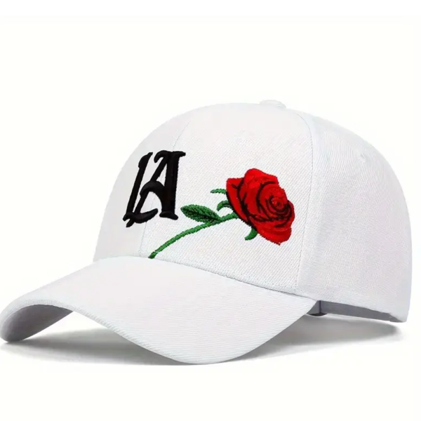 Stylish Men's White Baseball Cap with Embroidered LA & Red Rose