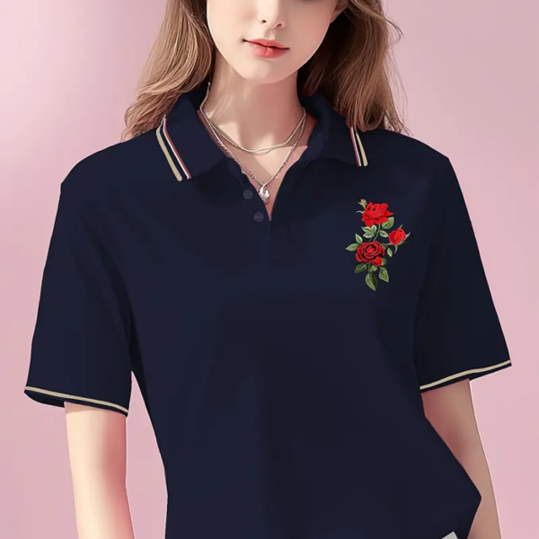 Women'S Floral Embroidered Rose Pattern Print Short Sleeve Polo Shirt